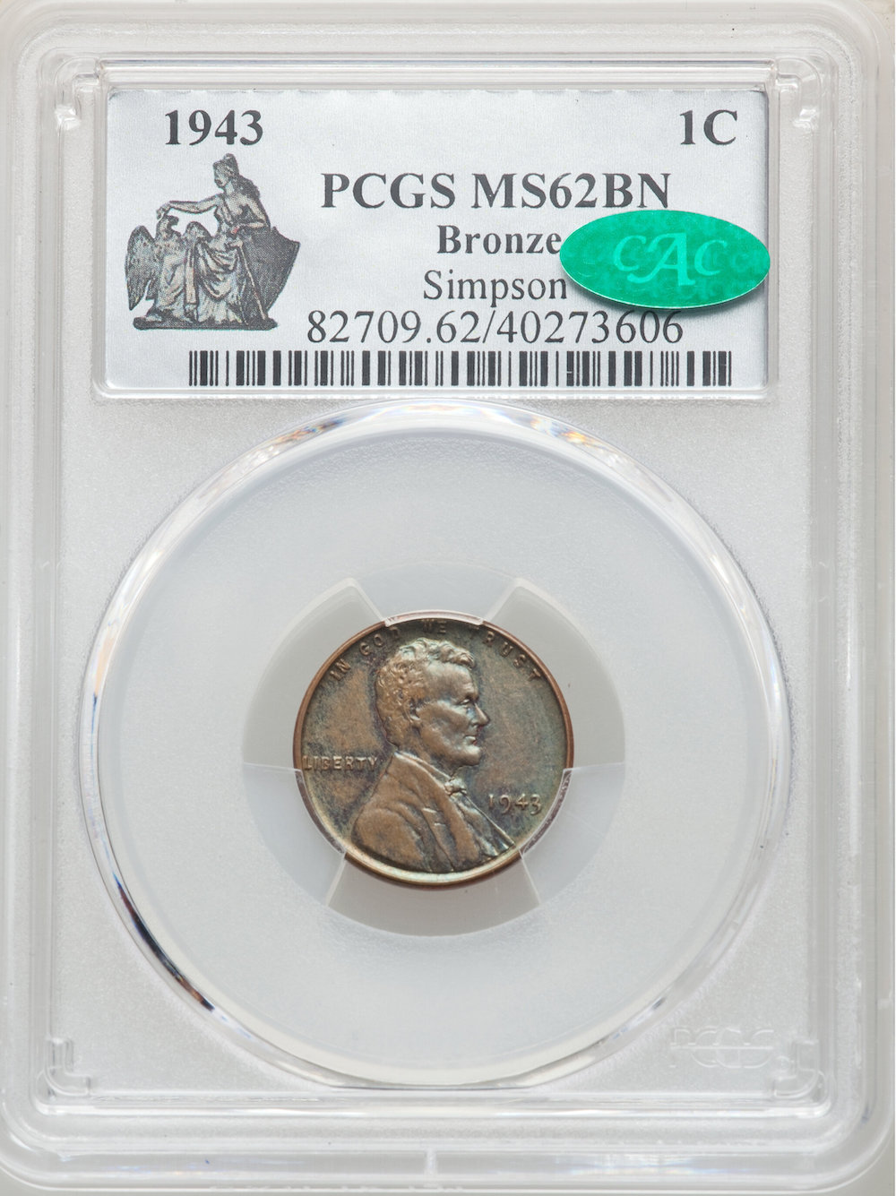 1943-P Lincoln Cent, Bronze, PCGS MS-62 BN, $372,000.00