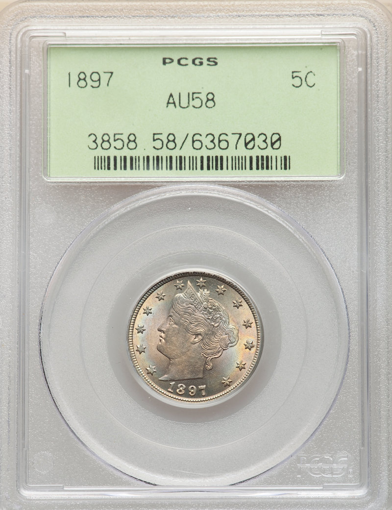 1897 Liberty Head Nickel PCGS AU-58, $660.00