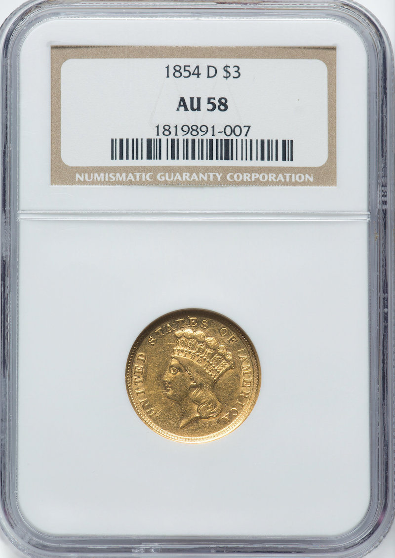 1854-D $3 Gold Piece Variety 1-A NGC AU-58, $93,000.00