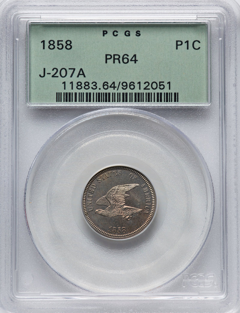 1858 P1C Flying Eagle Cent, Judd-207a, Pollock-244, Snow-PT16d, R.8, PCGS PR-64, $12,600.00