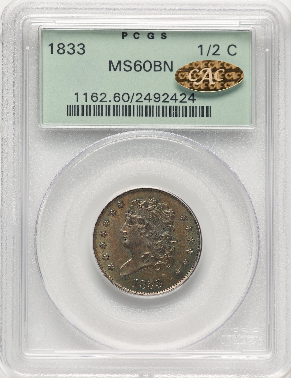 1833 1/2 C-1, B-1, R.1, MS-60 Brown PCGS. Gold CAC, $2,806.00